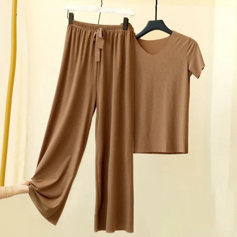 2 Pcs Women's Short Sleeve Solid Color T-shirt Sets S 591862