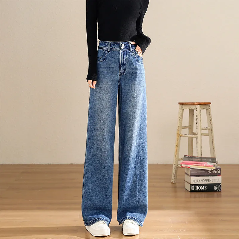 2025n loose straight casual pants women's spring and autumn new high-waisted warm washed blue floor-mopping jeans