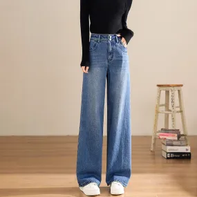2025n loose straight casual pants women's spring and autumn new high-waisted warm washed blue floor-mopping jeans