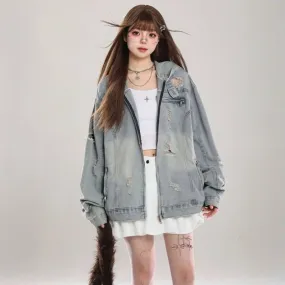American Retro Ripped Denim Hooded Jacket