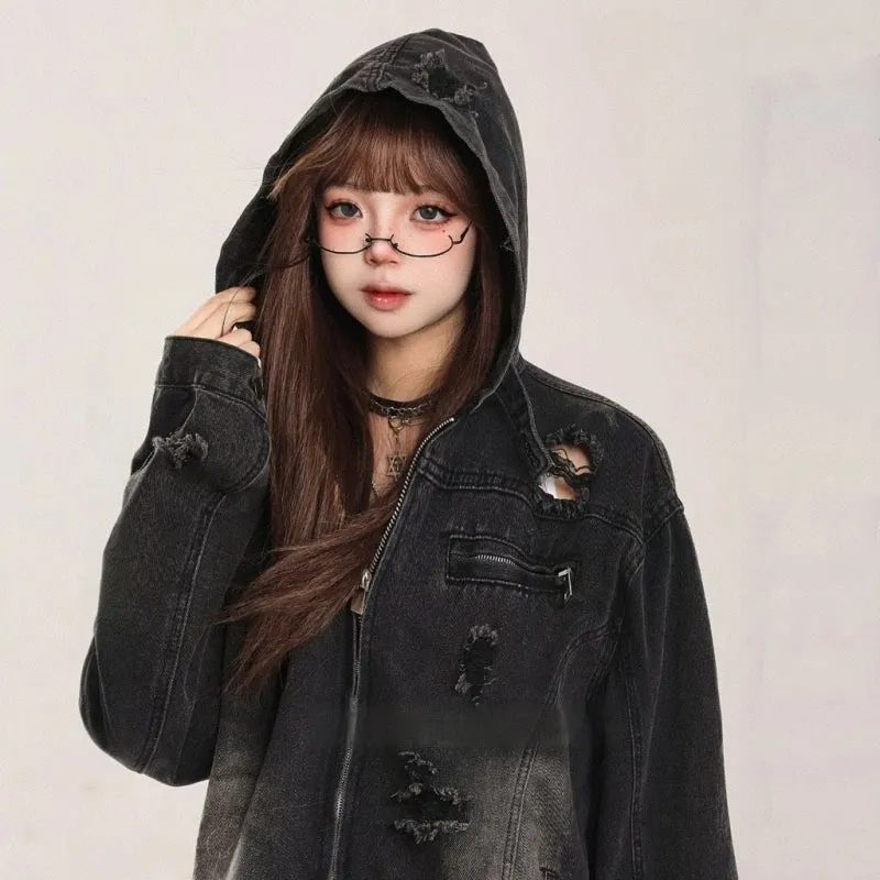 American Retro Ripped Denim Hooded Jacket