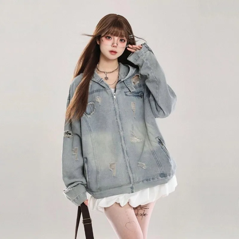 American Retro Ripped Denim Hooded Jacket