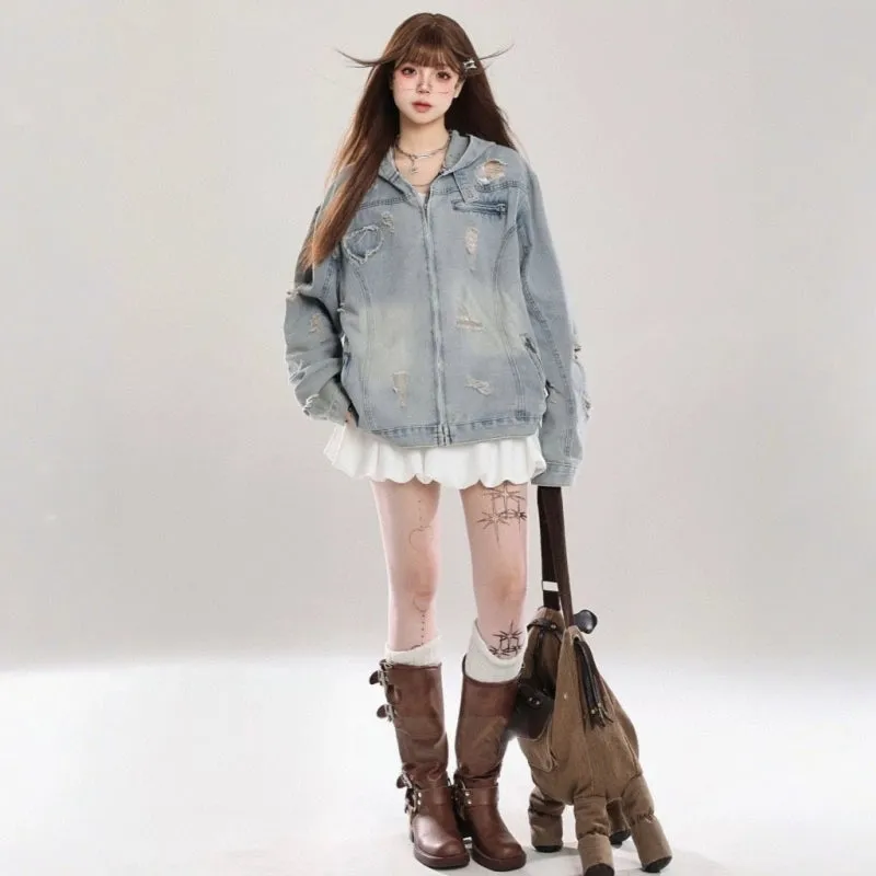 American Retro Ripped Denim Hooded Jacket