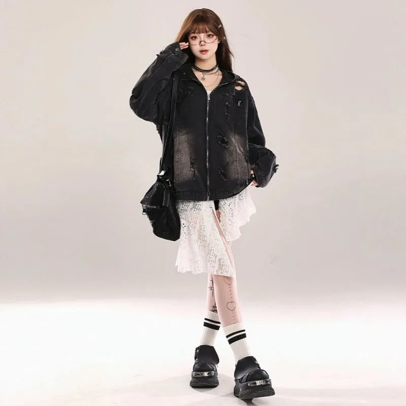 American Retro Ripped Denim Hooded Jacket