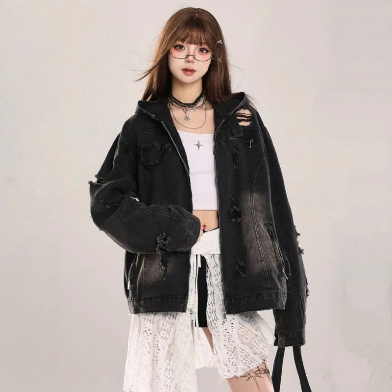 American Retro Ripped Denim Hooded Jacket