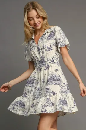 Blue Landscape Print Collared Smocked Mini Dress