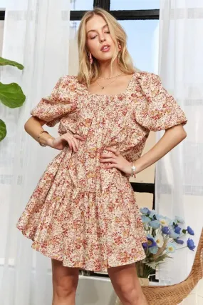Blush Floral Puff Sleeve Smocked Mini Dress