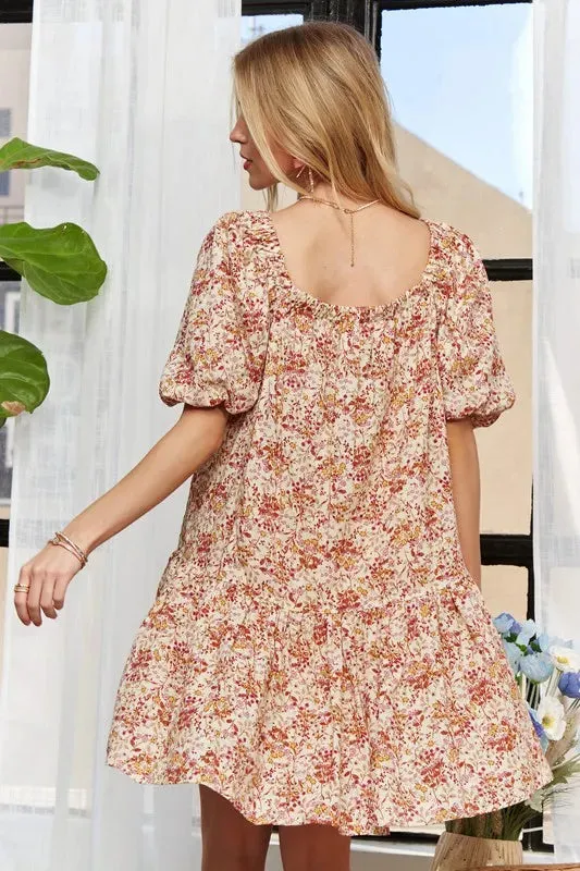 Blush Floral Puff Sleeve Smocked Mini Dress