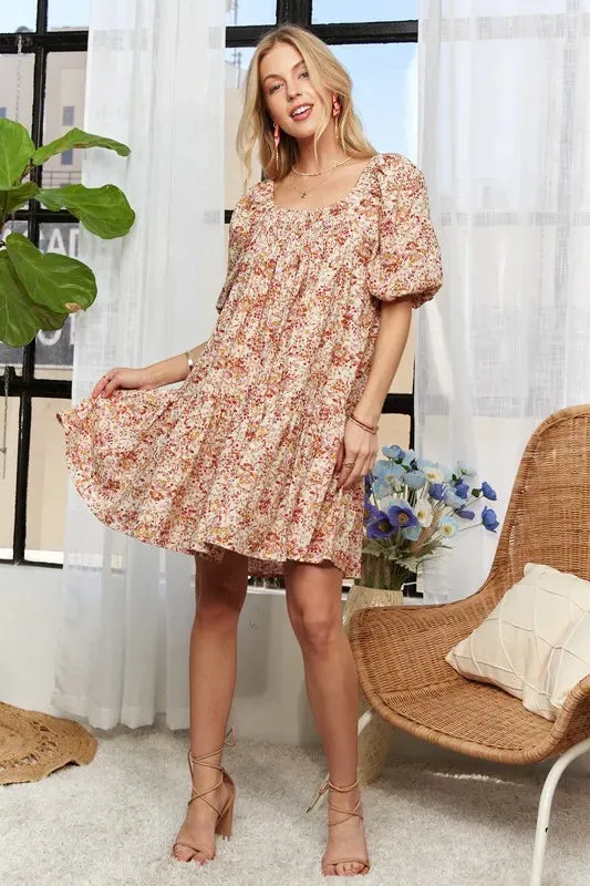 Blush Floral Puff Sleeve Smocked Mini Dress