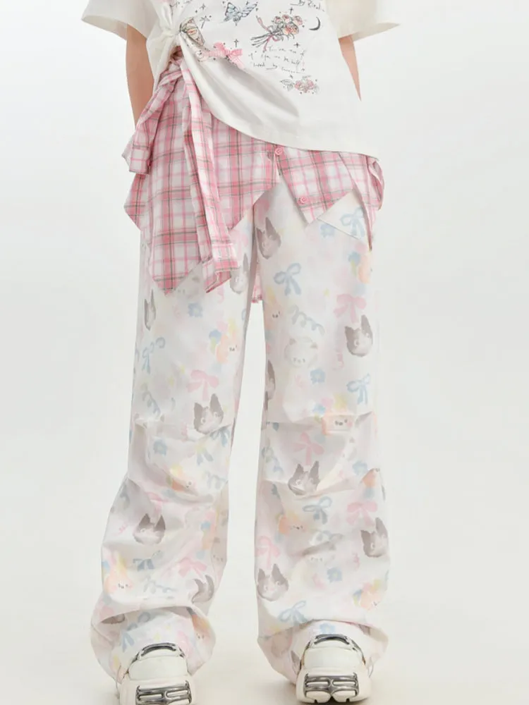 Cat Print Comic-Style Layered Cargo Casual Pants