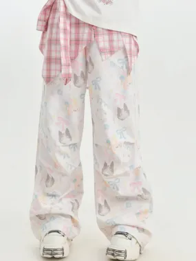 Cat Print Comic-Style Layered Cargo Casual Pants