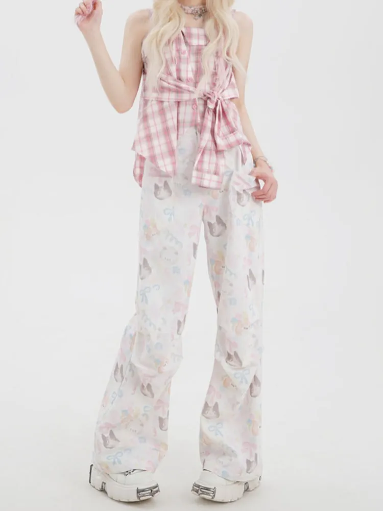 Cat Print Comic-Style Layered Cargo Casual Pants