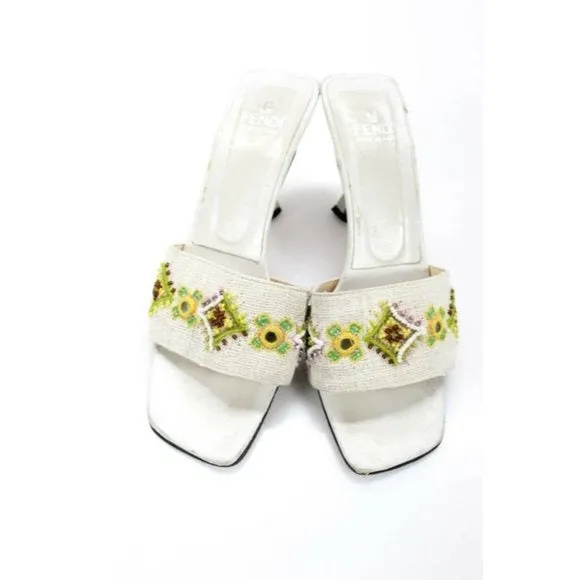 FENDI White Beaded Kitten Heel Mule Sandals