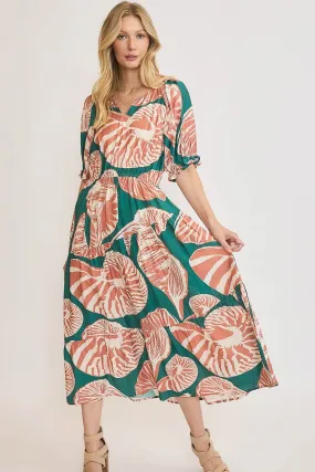 Green and Terracotta Shell Print Notched Puff Sleeve Midi Dress