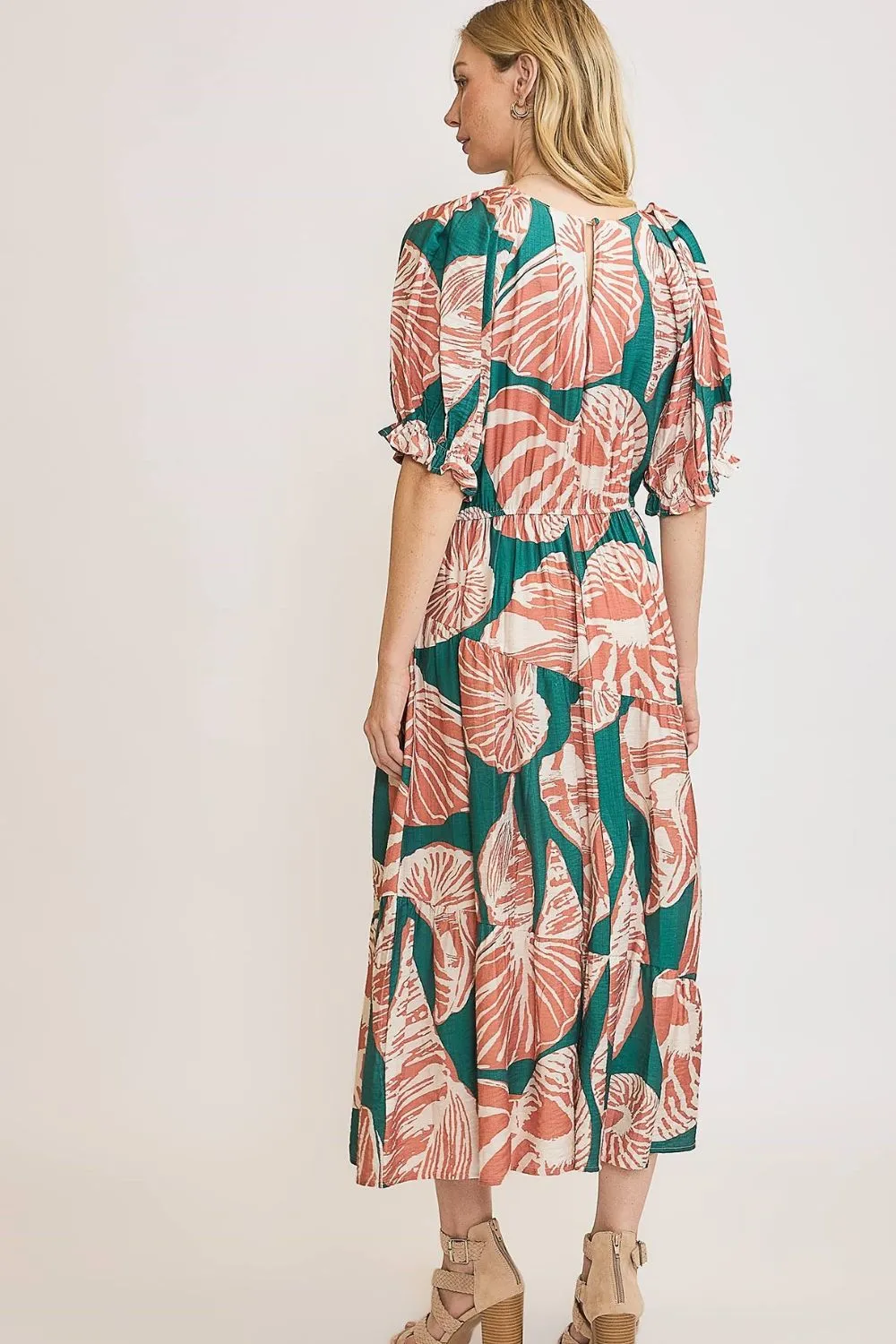 Green and Terracotta Shell Print Notched Puff Sleeve Midi Dress
