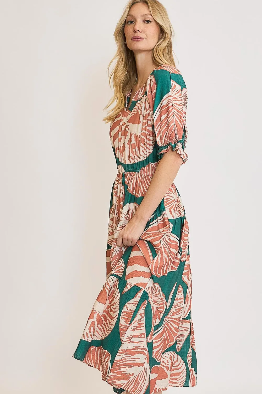 Green and Terracotta Shell Print Notched Puff Sleeve Midi Dress