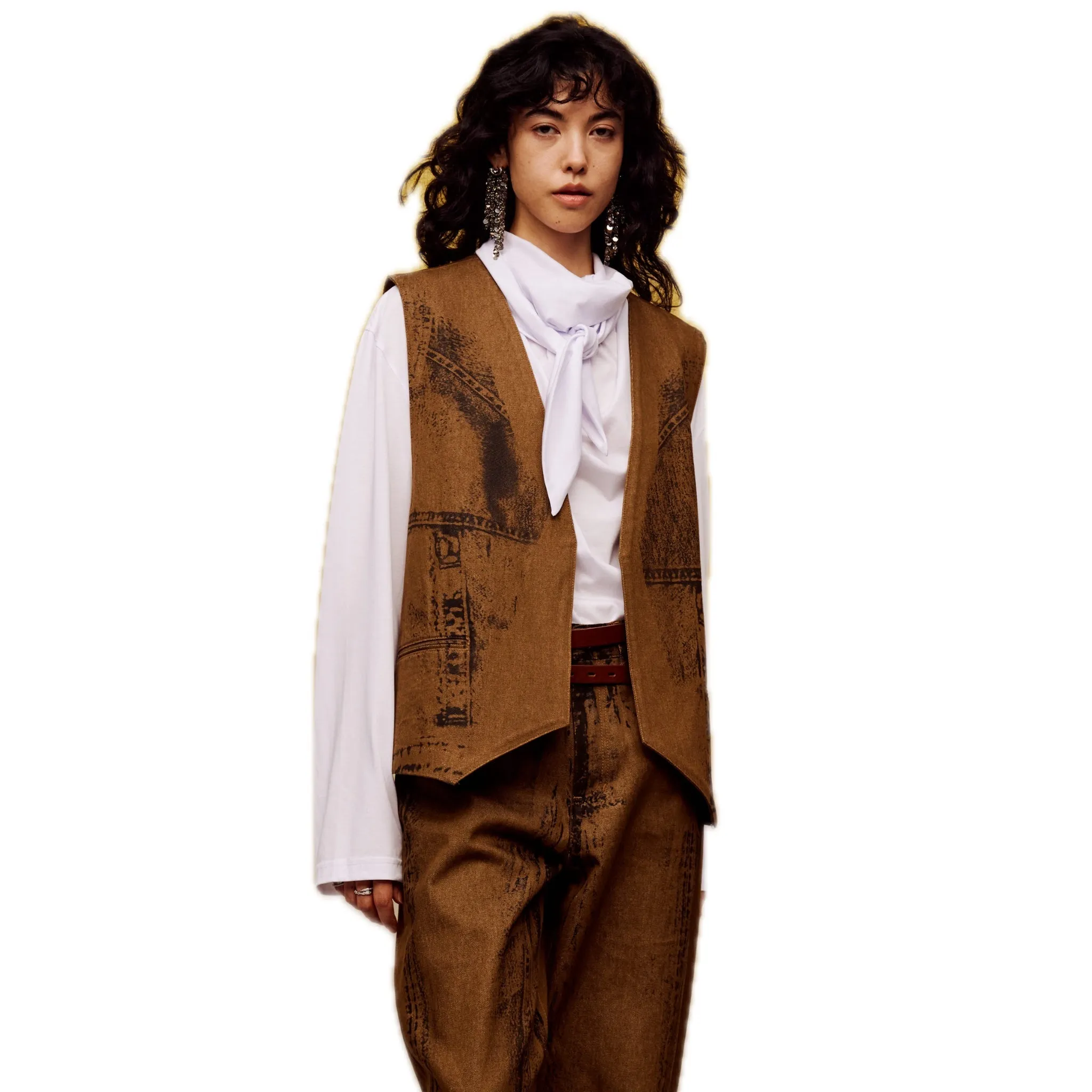 Offset Print Denim Vest in brown