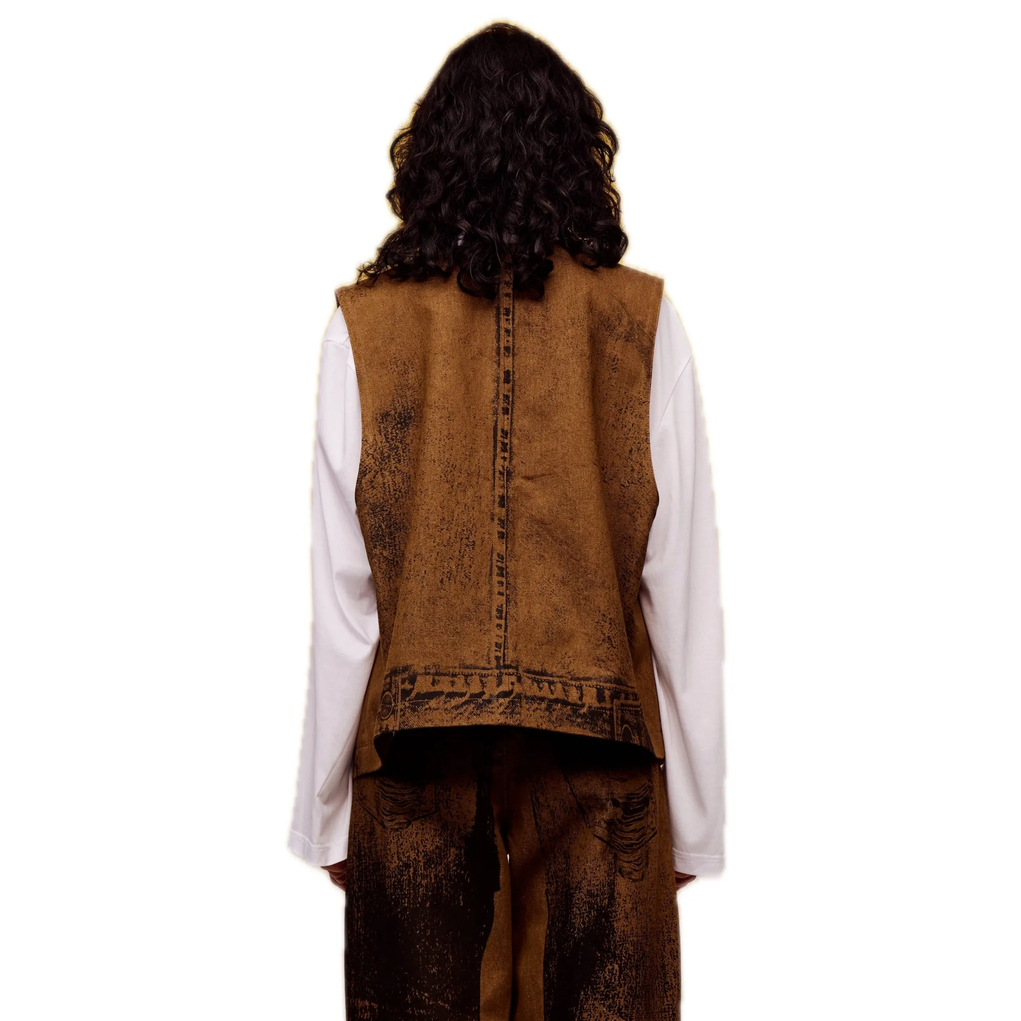 Offset Print Denim Vest in brown