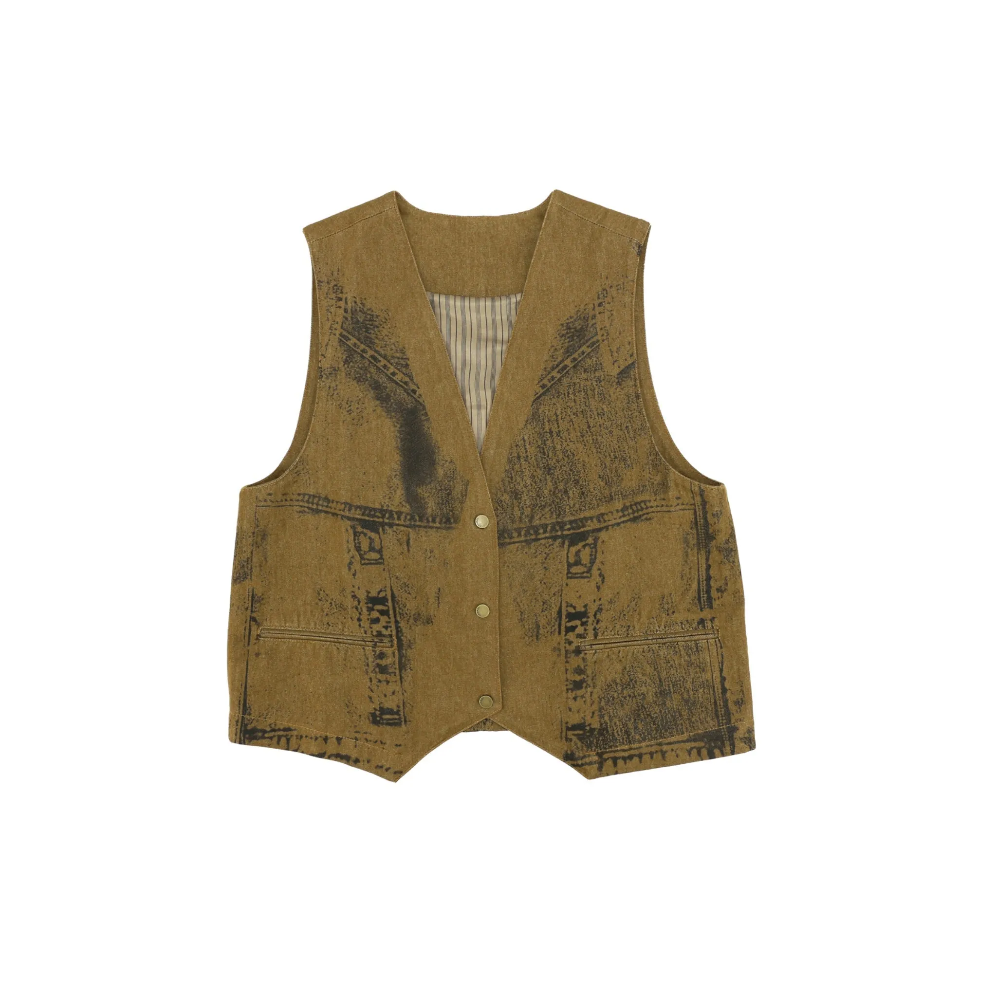 Offset Print Denim Vest in brown