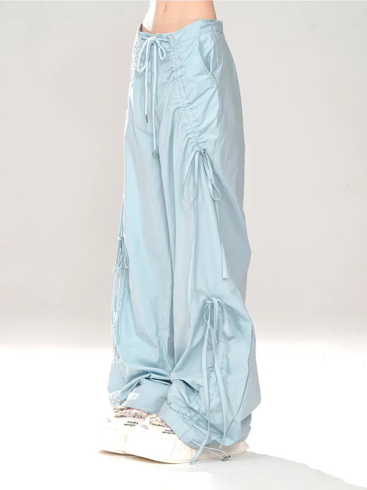 Pink/Light Blue Loose Wide-Leg Casual Pants for Summer