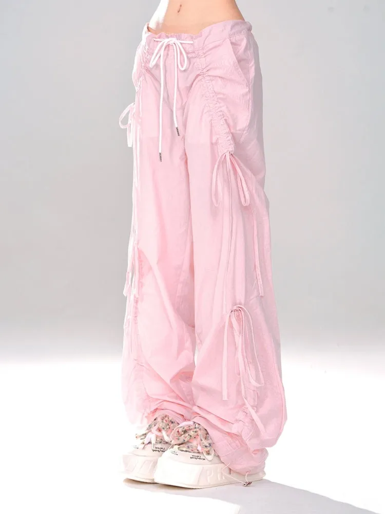 Pink/Light Blue Loose Wide-Leg Casual Pants for Summer