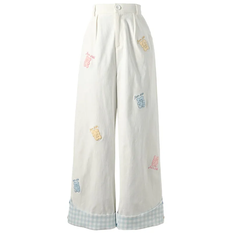 Playful Cute Bear Checkered Straight-Leg Casual Pants for Spring