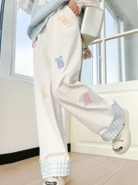 Playful Cute Bear Checkered Straight-Leg Casual Pants for Spring