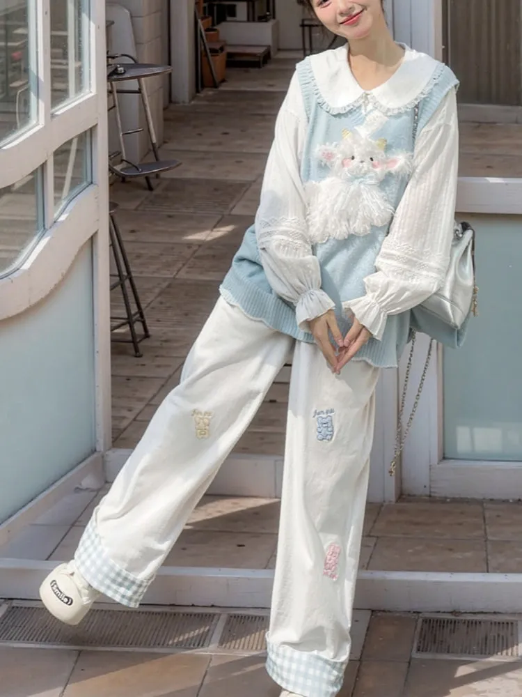 Playful Cute Bear Checkered Straight-Leg Casual Pants for Spring