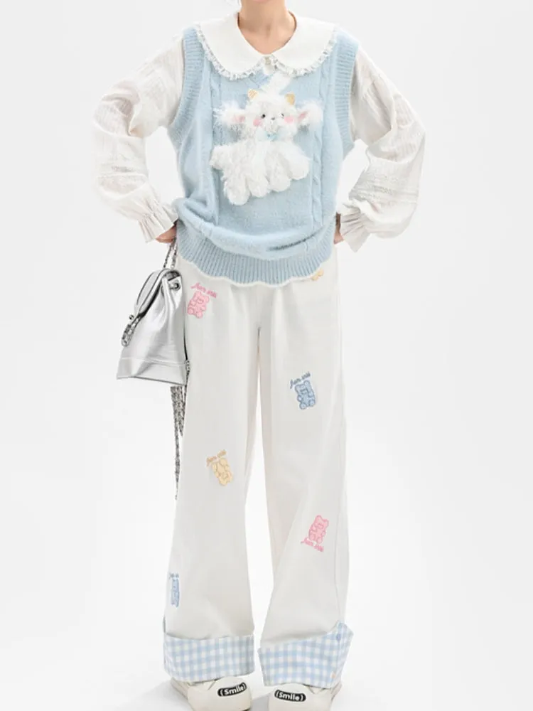 Playful Cute Bear Checkered Straight-Leg Casual Pants for Spring