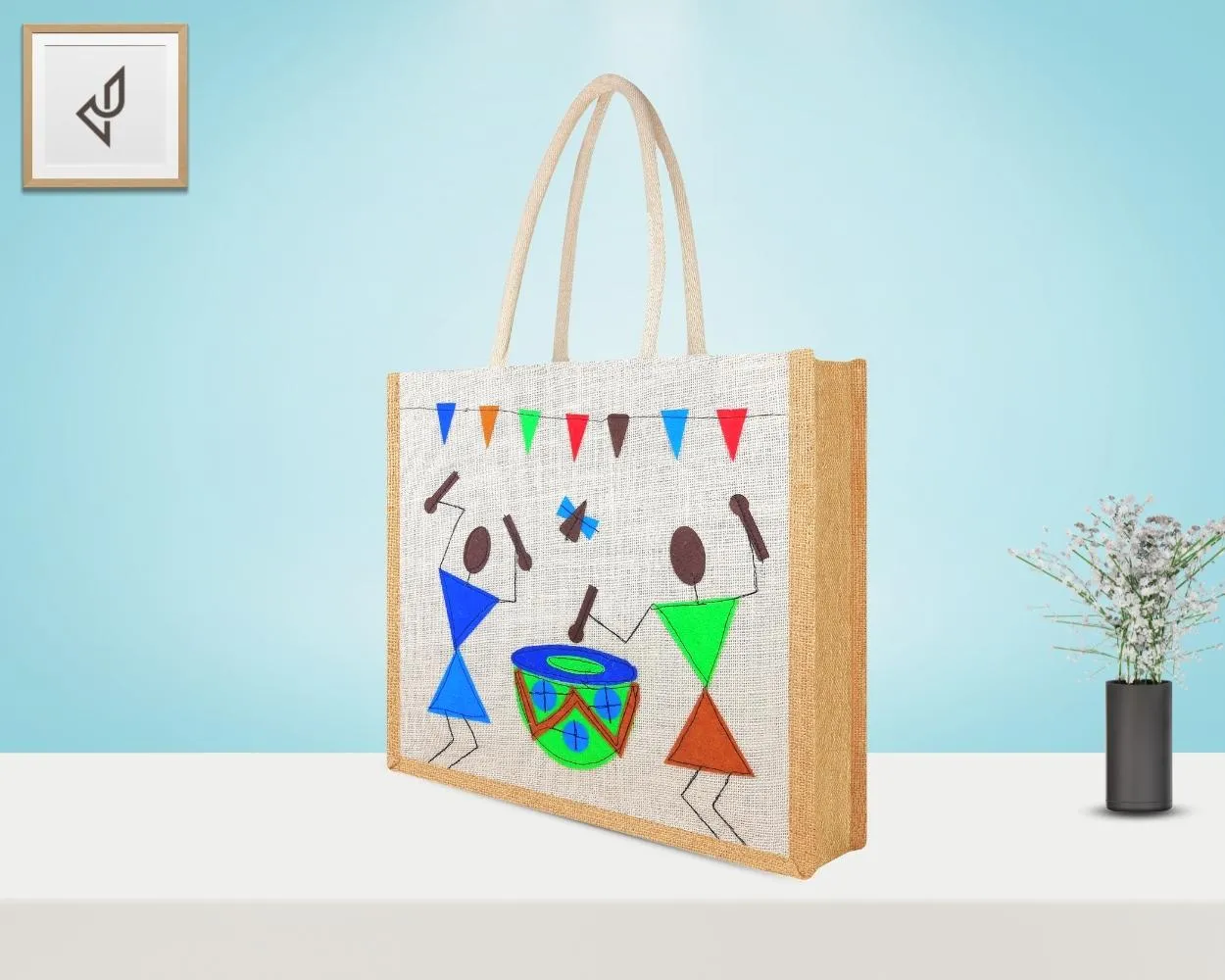 Premium Shopping Designer Jute Bag - Classic Yet Elegant Tribal Band with Zipper (16 x 5 x 14 inches)