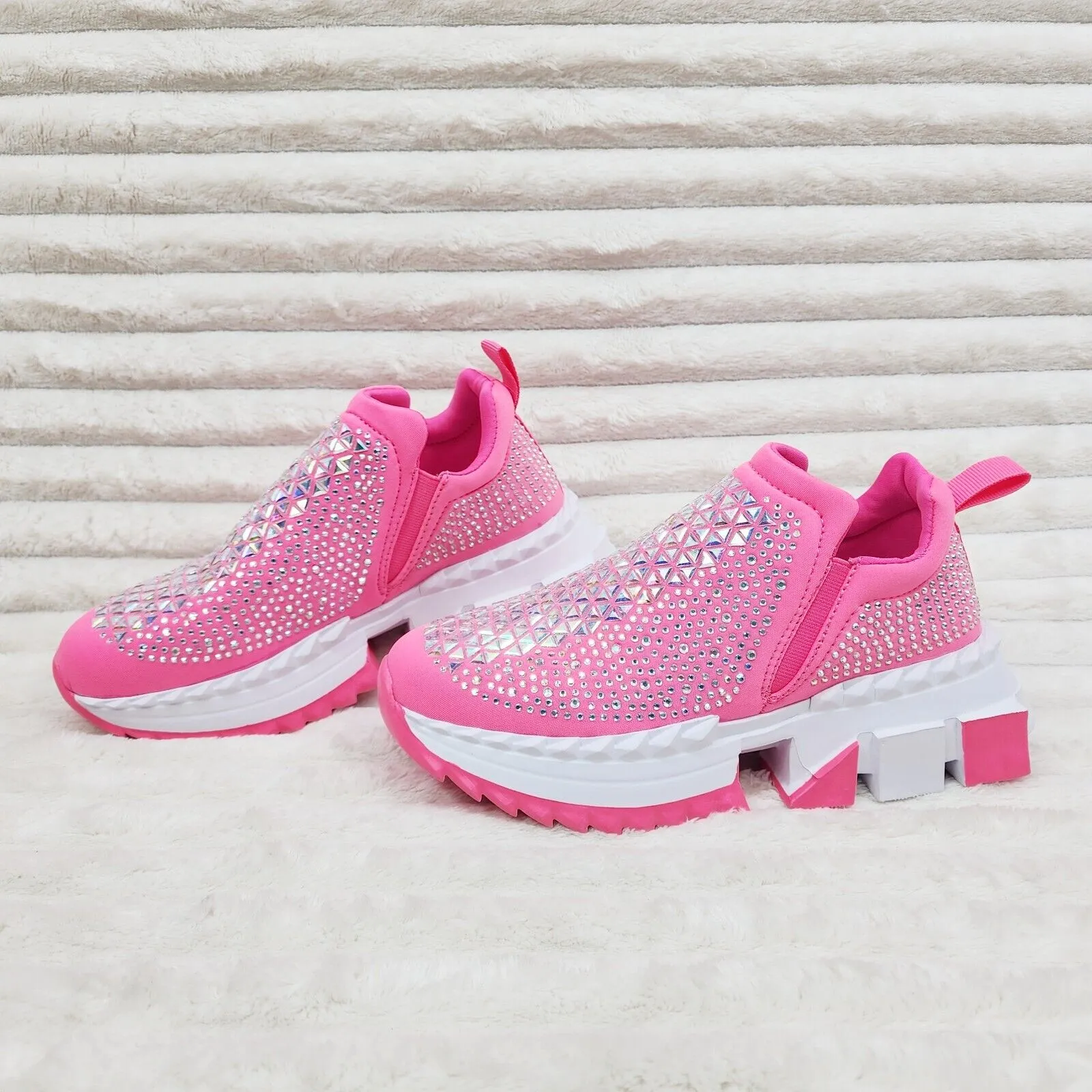 Presto Light Weight Slip on Hot Pink Rhinestone Sneakers - Running Shoes