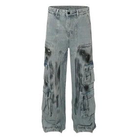Smudged Wash Denim Cargo Jeans