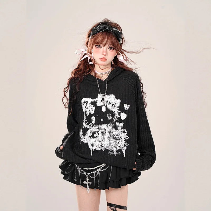 Summer Lazy Style Hello Kitty Graffiti Print Hooded Coat