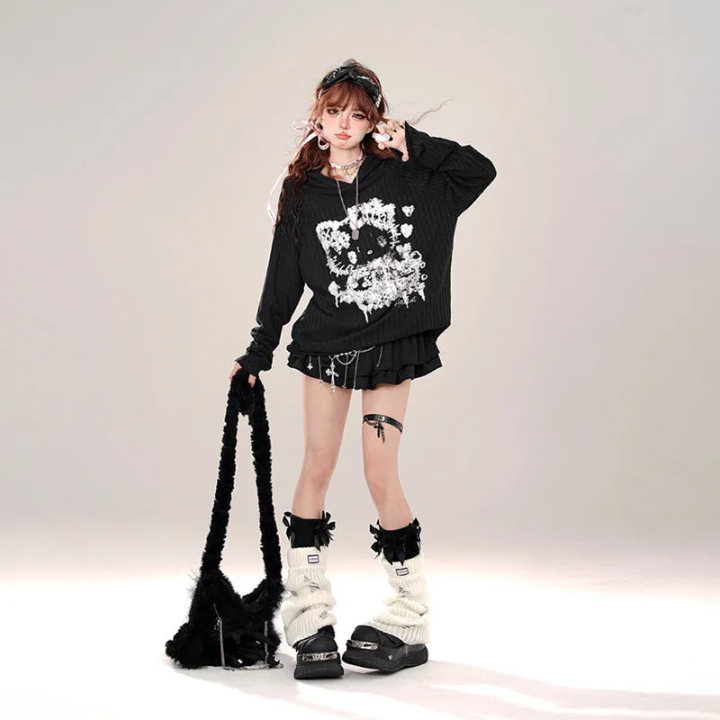 Summer Lazy Style Hello Kitty Graffiti Print Hooded Coat