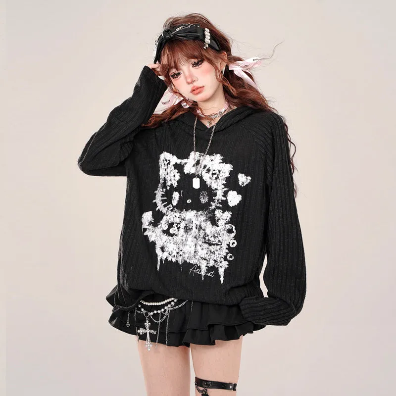 Summer Lazy Style Hello Kitty Graffiti Print Hooded Coat