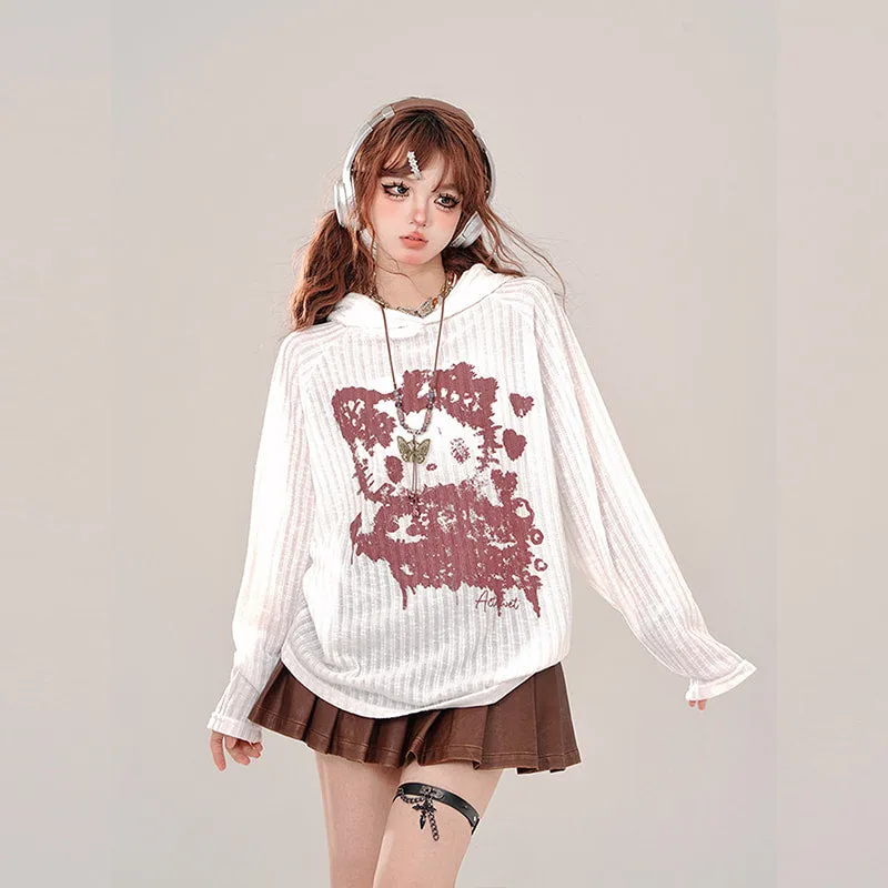 Summer Lazy Style Hello Kitty Graffiti Print Hooded Coat