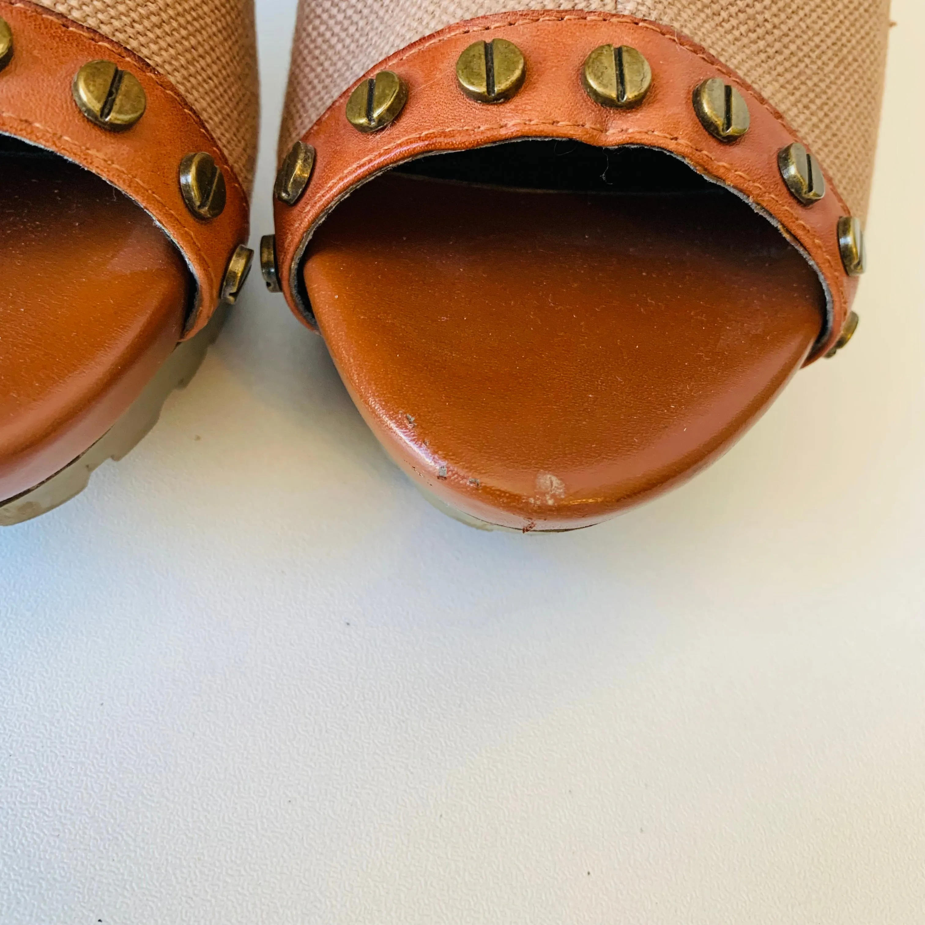 Trouvé Peep Toe Platform Studded Khaki Canvas Bootie Pump Size 7.5